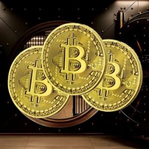 3 Tokens Bitcoin banhados a ouro em case acrílico - Frete Grátis