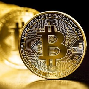 Token Bitcoin banhado a ouro em case acrílico